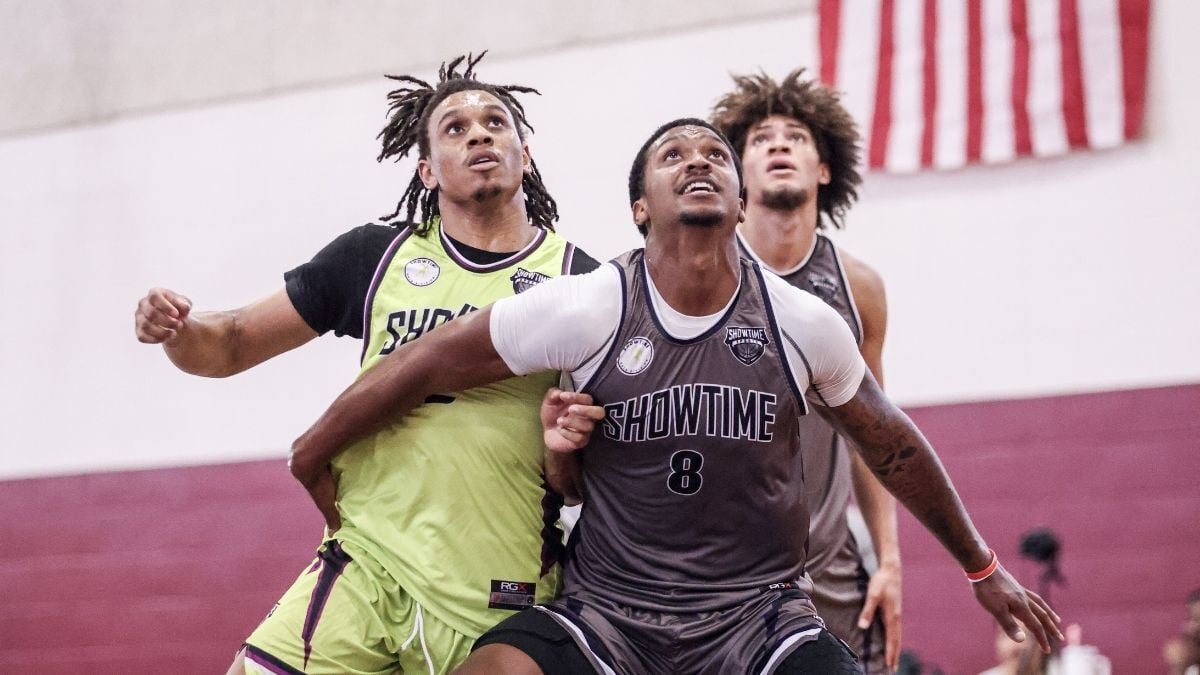 Players box out for a rebound during a Showtime Sports NJ men's Gold division basketball game